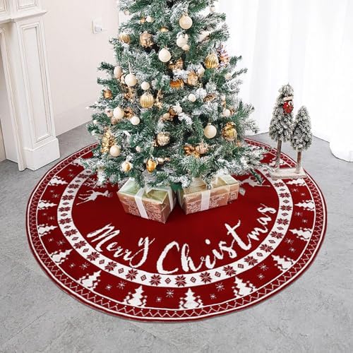 OurWarm Christmas Tree Skirt 60 Inches, Knit Red Tree Skirt for 7 ft Tree & 9ft Tree, Double Sided Knitted Tree Skirt Snowflake Xmas Tree Skirts for Winter Rustic Farmhouse Holiday Tree Decor