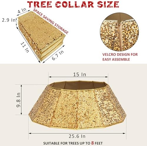 Blissun Christmas Tree Collar, Sequin Christmas Tree Skirt, Foldable Tree Ring, Xmas Tree Stand Base Cover for Christmas Tree Decoration, Bright Gold