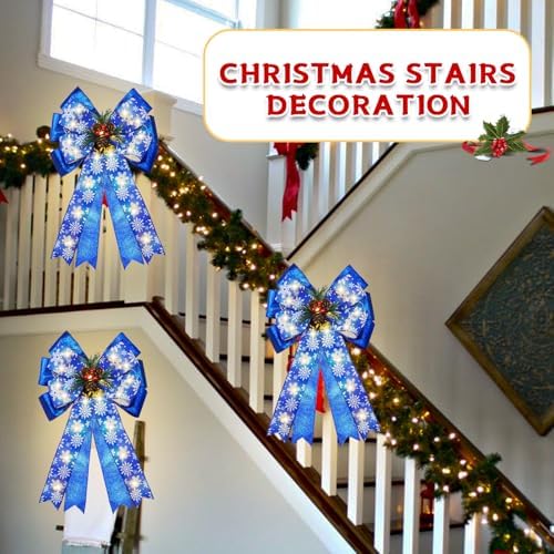 2 Pcs Pre-Light Christmas Decorative Bows for Wreath, 20 X 12” Large Christmas Tree Topper Bow with Bells, Berry, Pine Cones, 40 LED Silver Snowflake Ornament Bow for Indoor/Outdoor- Blue