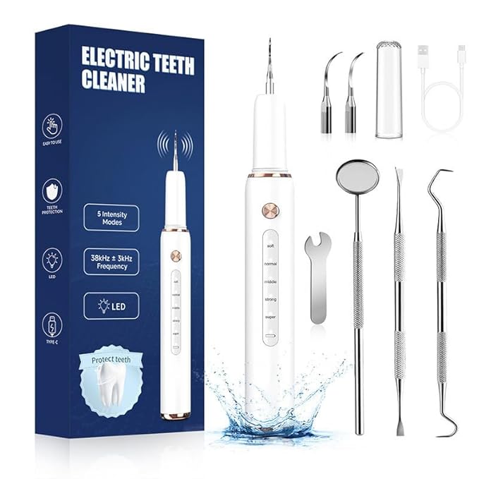 Plaque Remover for Teeth, Tartar Remover for Teeth, Electric Tartar Scraper with 5 Modes and LED Light, IPX6 Waterproof Dental Cleaning Kit Includes Tongue Cleaner, Mirror & Tools for Home Use