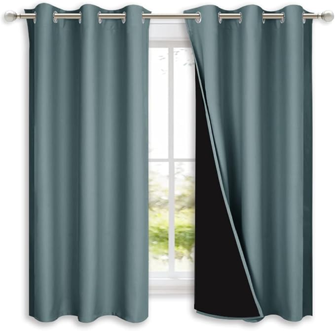 NICETOWN 100% Blackout Short Curtains with Black Liners, 2 Panels, 37" W by 60" L, Greyish Blue, Solid Thermal Insulated Full Blackout 2-Layer Lined Drapes, Energy Efficiency Window Drapes for Bedroom