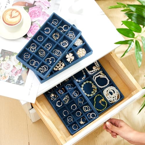 Junkin 12 Pcs Jewelry Tray Velvet Stackable Jewelry Organizer Trays Divided Earring Accessories Storage Containers Box (Rose Red) - color: Peacock Blue