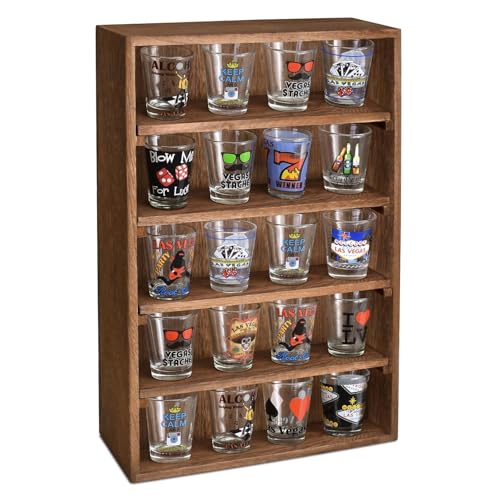 Ikee Design Wooden Wall-Mounted Display Shelves Rack for Collectibles-Figures,Shot Glasses,Spice Can,Cosmetics or Perfume-5 Adjustable Height Shelves,Space-Saving- Brown Color - color: Brown, 5 Shelves