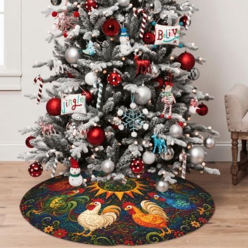 Christmas Rooster Christmas Tree Skirt Xmas Tree Skirt, Winter Christmas Tree Mat for Home Party Holiday Indoor Outdoor Decorations