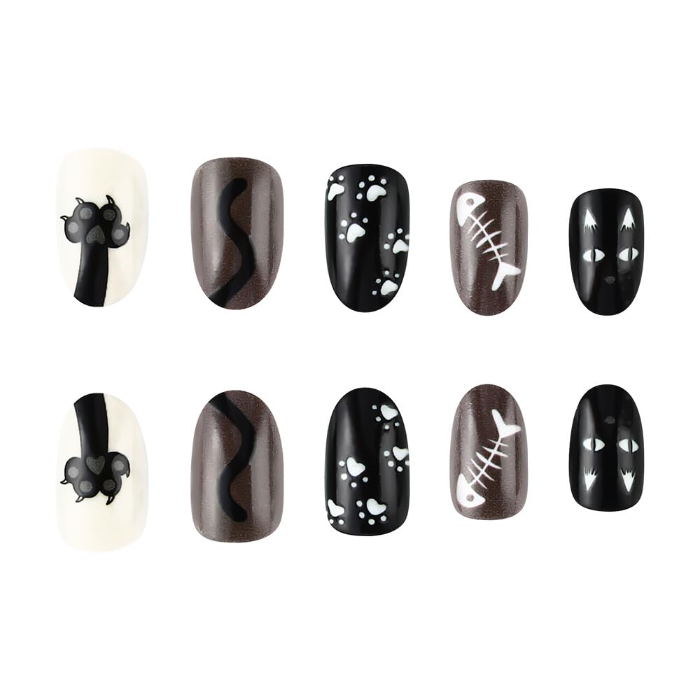 Halloween Press on Nails Short Oval Fake Nails Balck Cat Acrylic Nails with Designs Stray Cat Glue on Nails Short Almond False Nails Stick on Nails for Women Nails Deco 24Pcs
