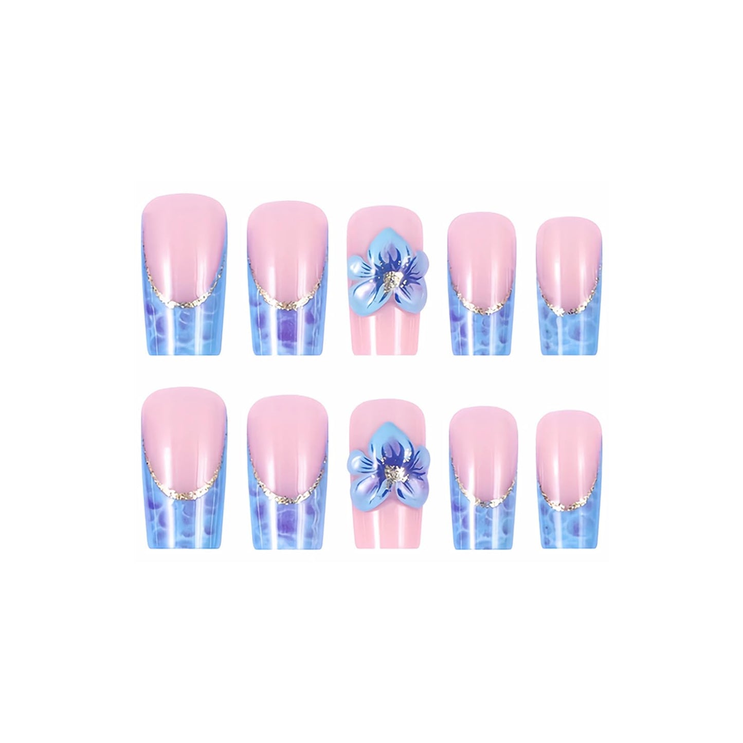MISUD Press on Nails - Long Square Glue on Nails with Blue French Tip, Acrylic Flower Design 24 pcs