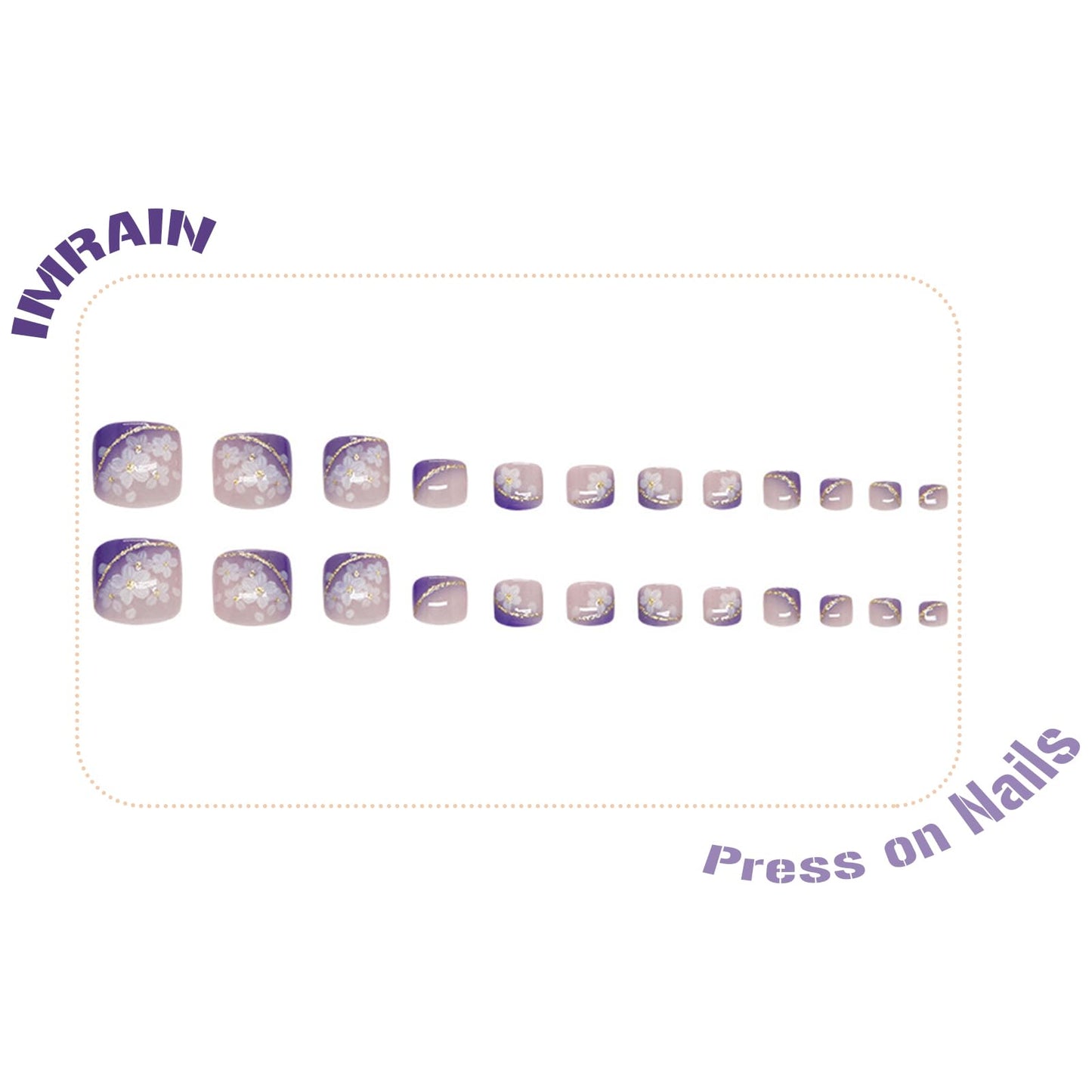 IMRAIN Flower Press on Toenails Short Square Fake Toe Nails Purple Gradient Glossy Acrylic False Toenails Glossy Full Cover Summer Artificial Stick on Nails for Women 24Pcs