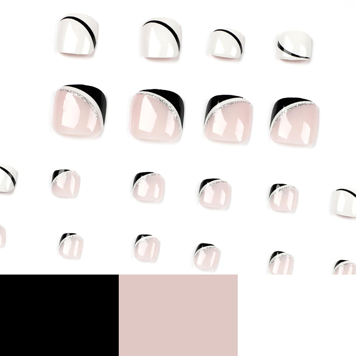 Artificial Acrylic Fake Toenails, Press on Coffin Nails with French Line Designs, Full Cover Reusable False Nails with Glue, Glue on Nails with Charm Stick on Toe Nails for Women(JP1629)