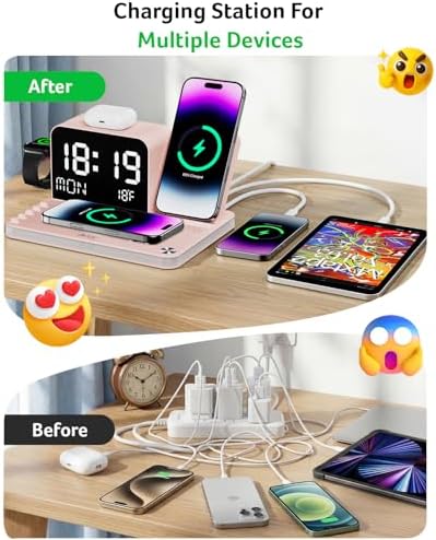 Acer 7-in-1 Wireless Charging Station with LED Clock - 30W Fast Wireless Charger for iPhone 16/15/14/13/12/Pro Max, Apple Watch, AirPods - Bluetooth Auto Time Sync & Night Lights (Pink)