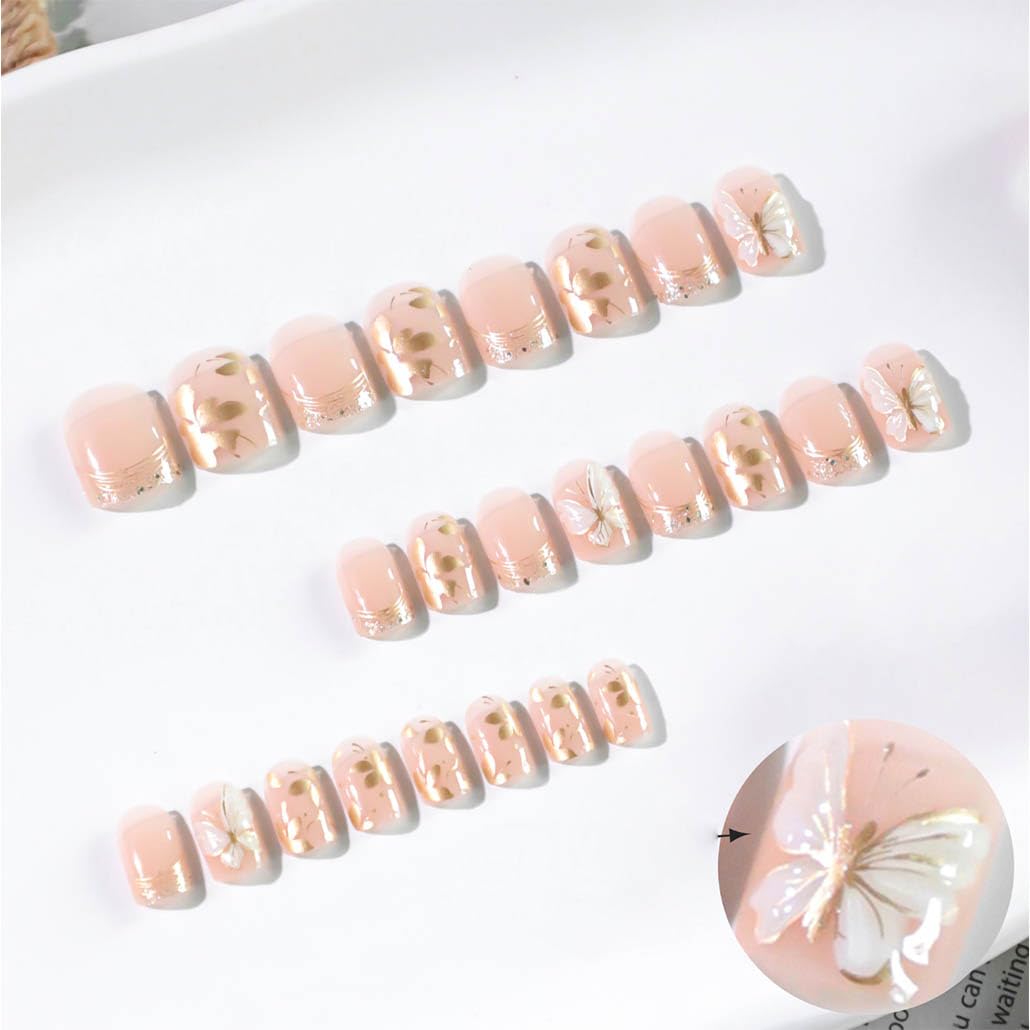 Foccna French Press on Nails Short Nude Fake Nails Square Bling Gold Line Design Glossy False Nail Tips Artificial Nails for Women 24pcs