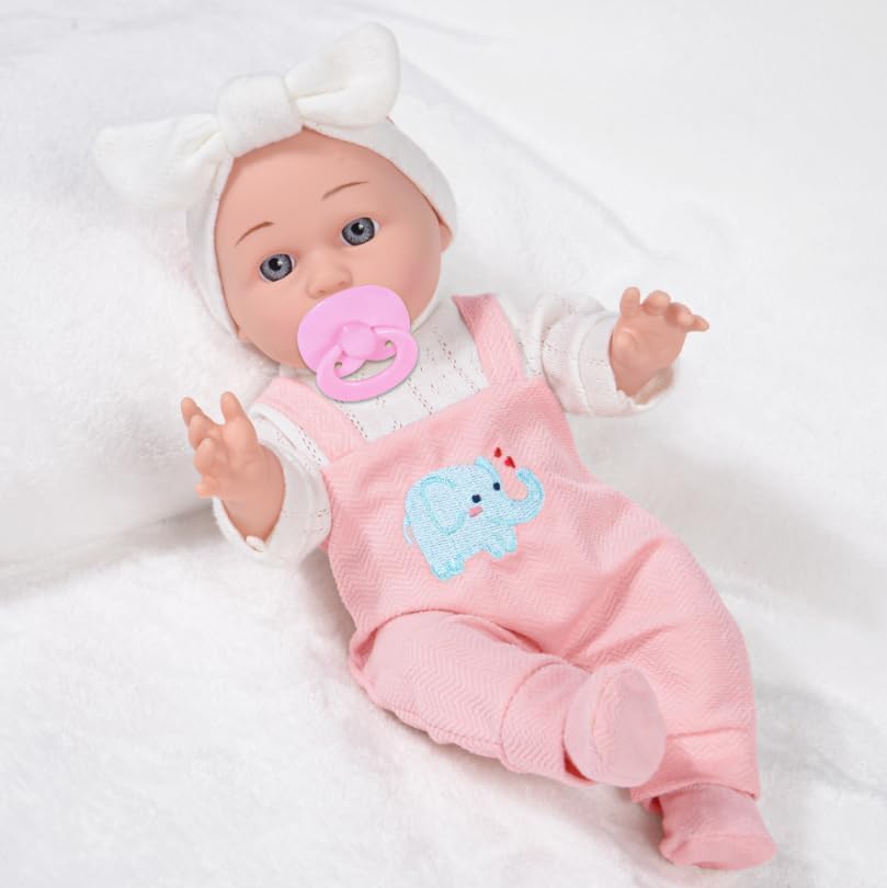 dollbie 12 inch Baby Doll - Adorable Doll and Accessories Including Romper, Sleeping Bag, Feeding Accessories, Rabbit Plush Toy