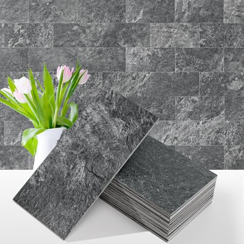 Vamos Tile 100 Pieces Peel and Stick Backsplash Tiles, 3" x 6" PVC Subway Tile, Black Slate Stick on Backsplash Tiles for Kitchen/Bathroom/Fireplace/Laundry/Camper - color: Black Slate