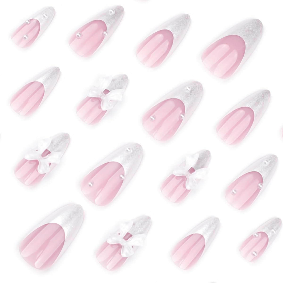White French Tip Press on Nails Medium Almond Reusable Fake Nails with Glue Pearl Bow Rhinestones Stick on Nails Pink Glossy False Nails for Women DIY Manicure Decoration, 24PCS