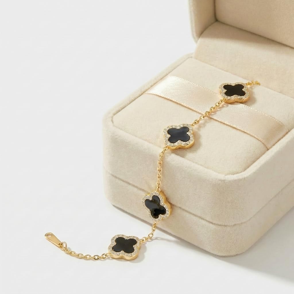 SHINYY Four Leaf Clover Bracelet for Women | 18K Gold Plated Cubic Zirconia Link Bracelet | 4 Leaf Lucky Jewelry Gift for Her (Black Gold)
