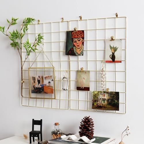 Metal Mesh Wall Grid Panel for Photo Display,Message Board,Size: 17.5" x 11.8",Pack of 2 (Gold) - color: Gold