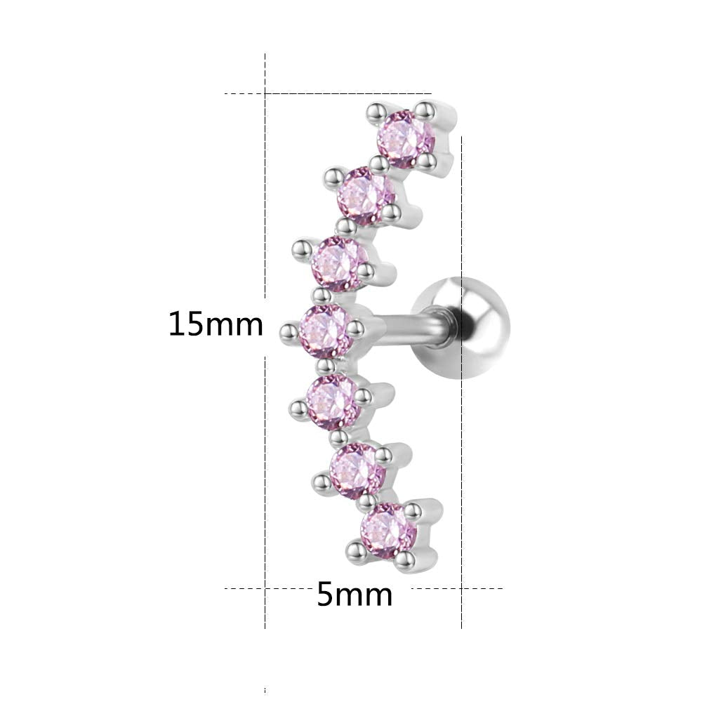 ZS Curve Seven Stud CZ Stud Earrings 316L Stainless Steel Ear Helix Conch Cartilage Piercing (Pink)