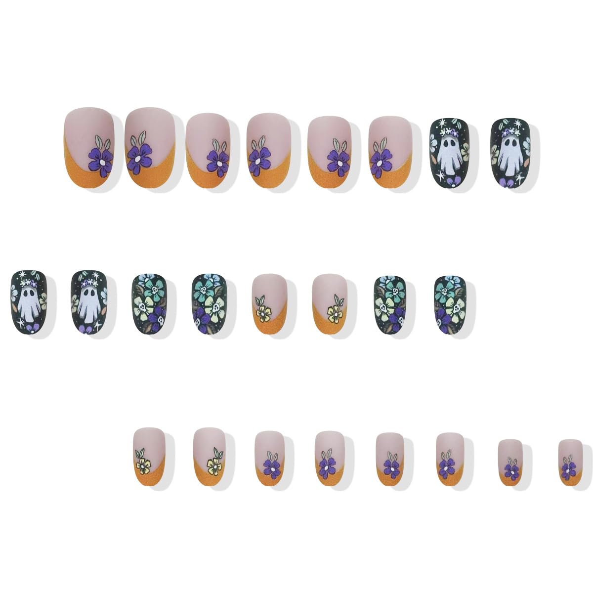 Almond Press on Nails Halloween Fake Nails Matte False Nails Press ons with Ghost & Flower Design - Reusable Artificial Nail Full Cover Glue on Nail Stick on Nails for Women Manicure 24 Pcs