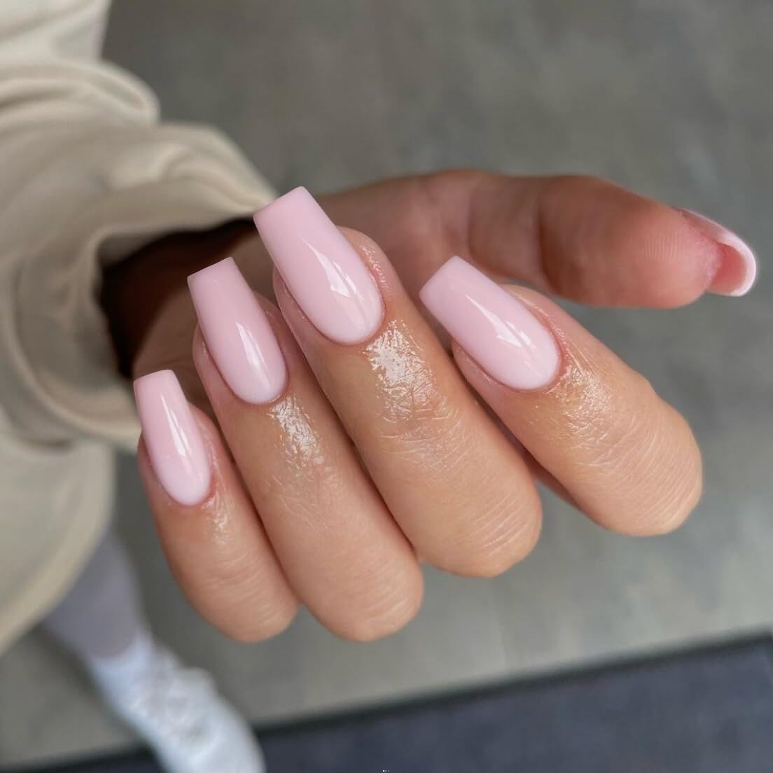 KQueenest Dusty Pink Long Medium Press on Nails Coffin Nails Press Ons Pale Glossy Gel Full Cover Long Fake Nails For Women, Thick Square Tip Nails Acrylic False Nails Set for Daily & Wedding, 24 Pcs