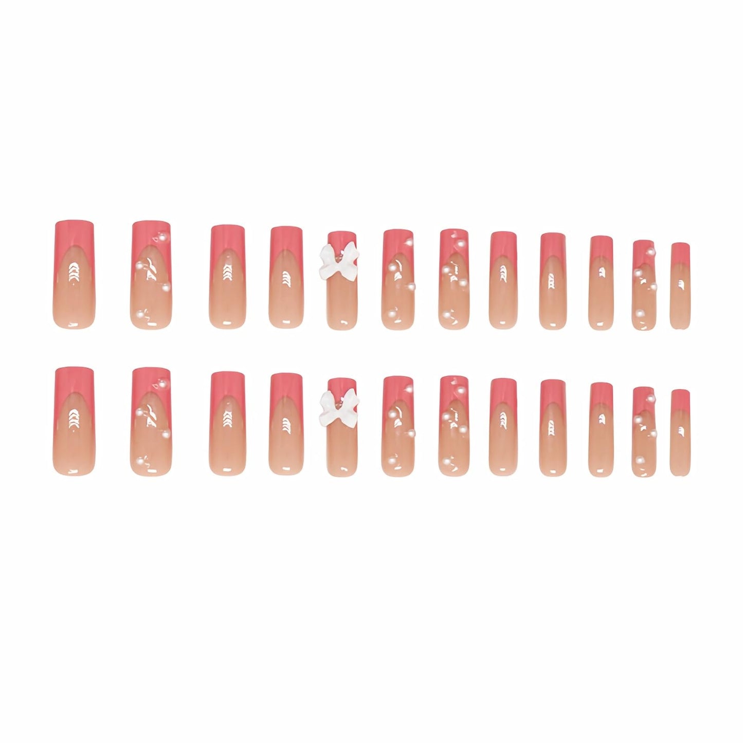 BABALAL Long Square Press on Nails Pink French tip Fake Nails with Bow Charm 24Pcs Acrylic Nails Supplies Pearl Stick on Nails with Glue Squoval Manicure Artificial Nails Art