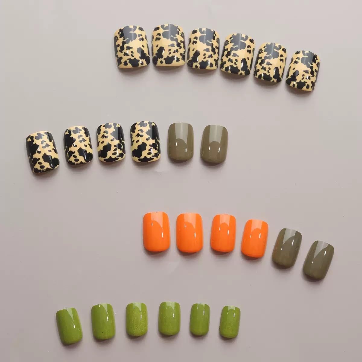 Square Press on Nails Short - Fall Fake Nails with Black Pattern Design - Green Full Cover Stick on False Nails for Women Manicure 24 Pcs