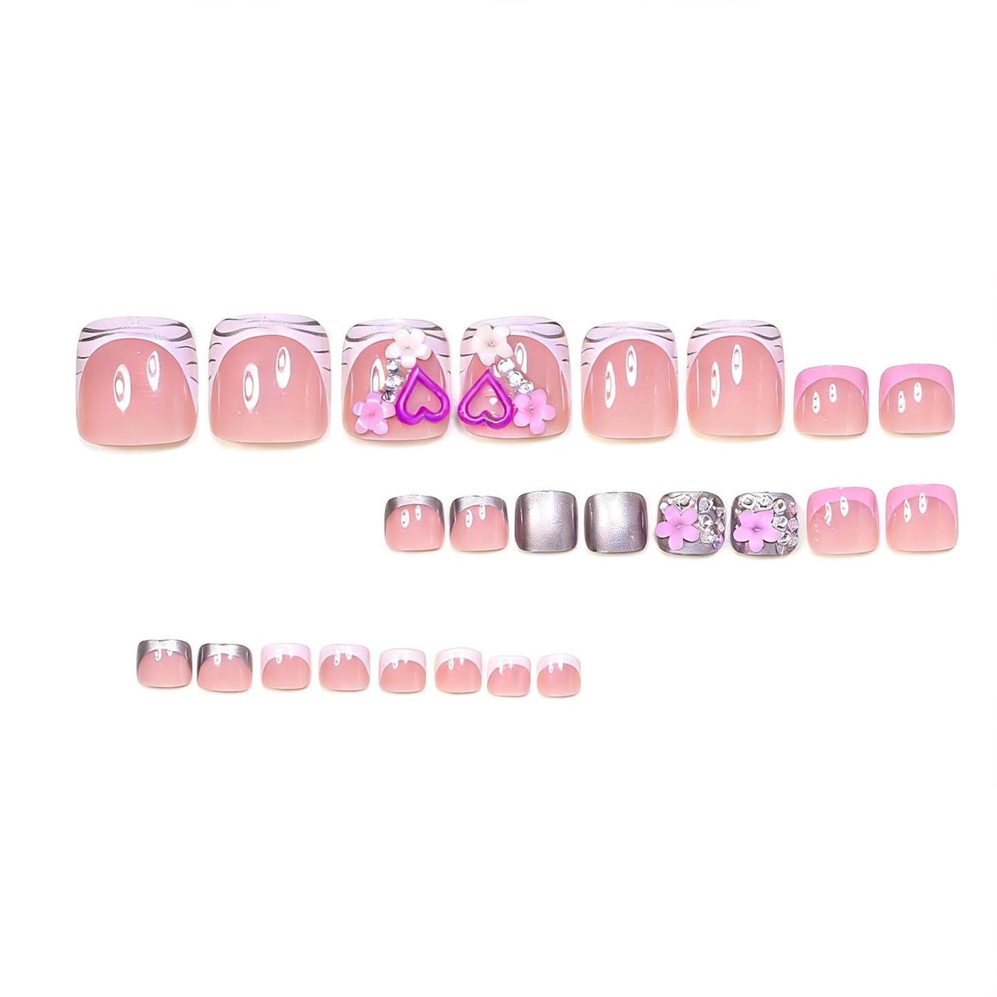 3D Heart Flower Press on Toenails Summer False Toenails French Tip Toe Nails Rhinestones Toe Nails for Women