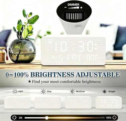 Premium White Wooden Digital Alarm Clock with Wireless Phone Charger, USB Charging Ports, Dimmable LED Display, Date & Day of Week, Temperature, Digital Desk Clock for Bedroom Nightstand Bedside Table