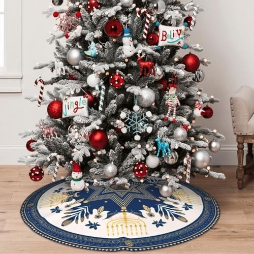 Hanukkah Christmas Tree Skirt 36 Inch Xmas Tree Mat Party Decor Supplies for Holiday Home Decorations