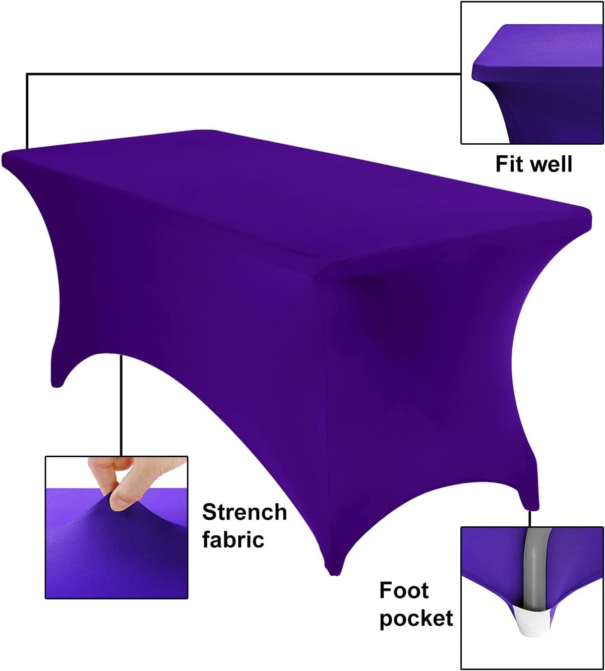 2Pack Spandex Waterproof Table Covers 6ft，Spandex 6ft Waterproof Table Cover for Party,Wedding, Banquet, and Events(Purple)