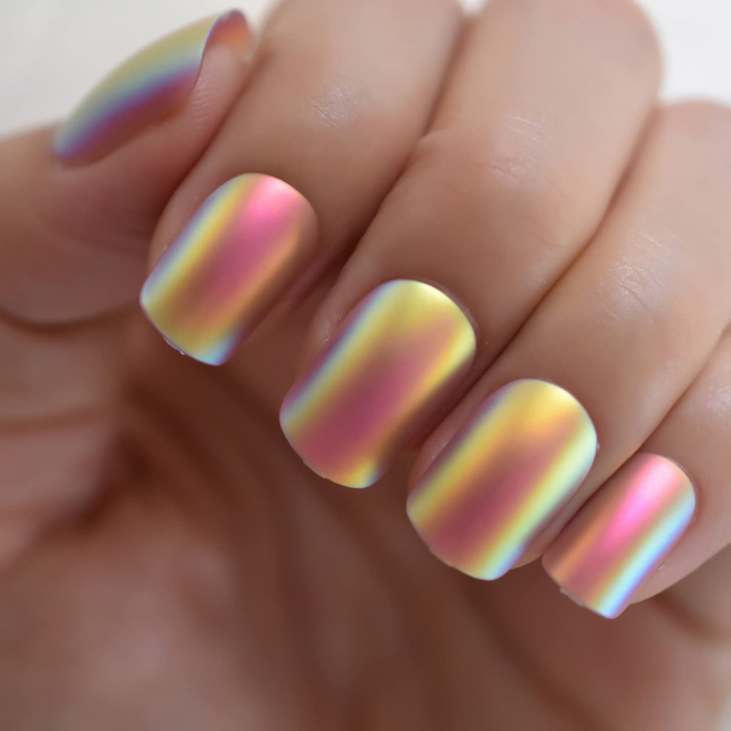 Coolnail Chrome Pink Gold Short Fake Nails Rainbow Squoval Square Gel False Press on Nails for Girl Full Cover Wear Finger Nail Art Tips