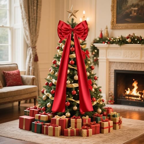 Christmas Tree Topper Bow, Double-Layer Giant Bows Christmas Decorations, Christmas Wreath Bows for Home Wreath Wall Backdrop Birthday Wedding Party Decor (Red Bow, 47 INCH)