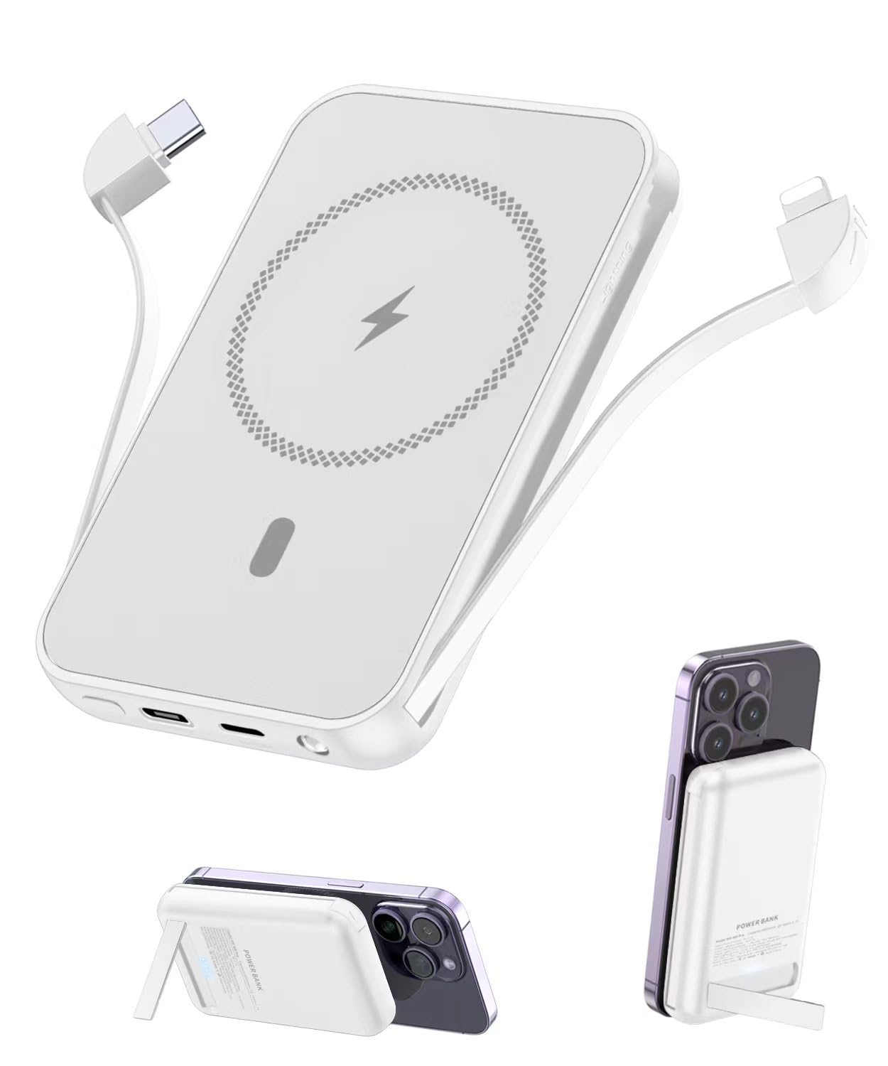 for Magnetic Power Bank, 6800mAh Wireless Portable Charger with PD30W Fast Charging, Battery Pack Built-in 2 Output Cables for iPhone Series(Silver White)