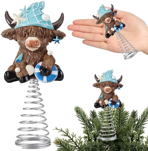 Gejoy Summer Coastal Highland Cow Miniature Tree Topper, 5.1 Inches Mini Resin Beach Cow Figurine Treetop with Seashells Starfish Sandcastle & Metal Spring for Tiered Tray Decor, Calf Lover Gifts