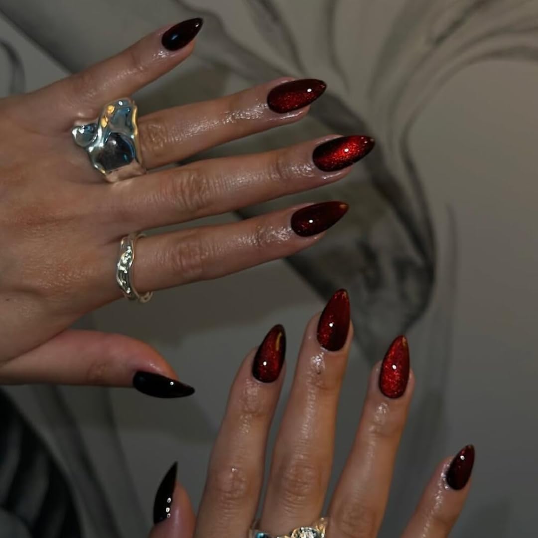 KQueenest Dark Red Press on Nails Cat Eye, Burgundy Glitter Press on Nails Almond Medium, Sparkly Shiny Fake Nails with Design, Cute Bling Glue on Nails Medium for Women Party Birthday, 30 Pcs