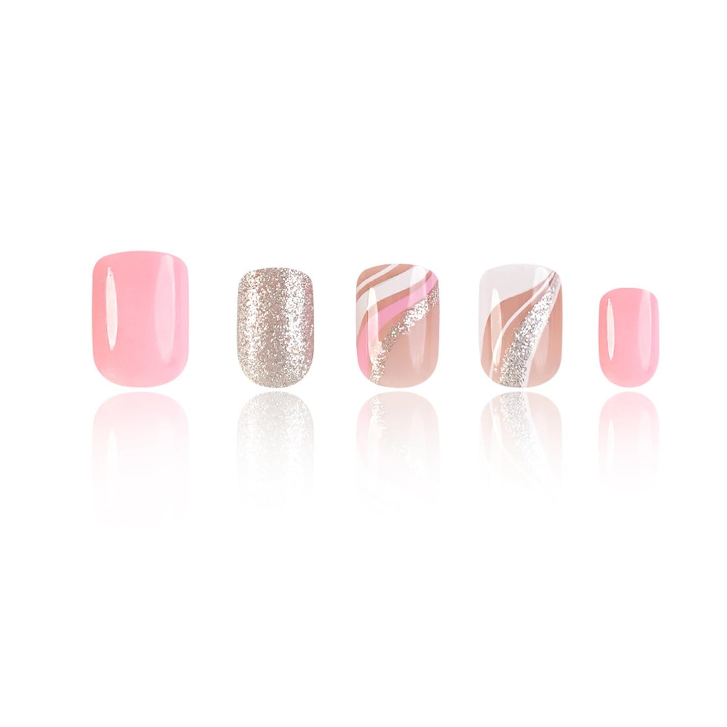 IMSOHOT Short Press on Nails Square French Tips Fake Nails Pink Silver Glitter Designs Full Cover Cute Acrylic Glossy Squoval Glue on False Nails for Women Girls 24Pcs