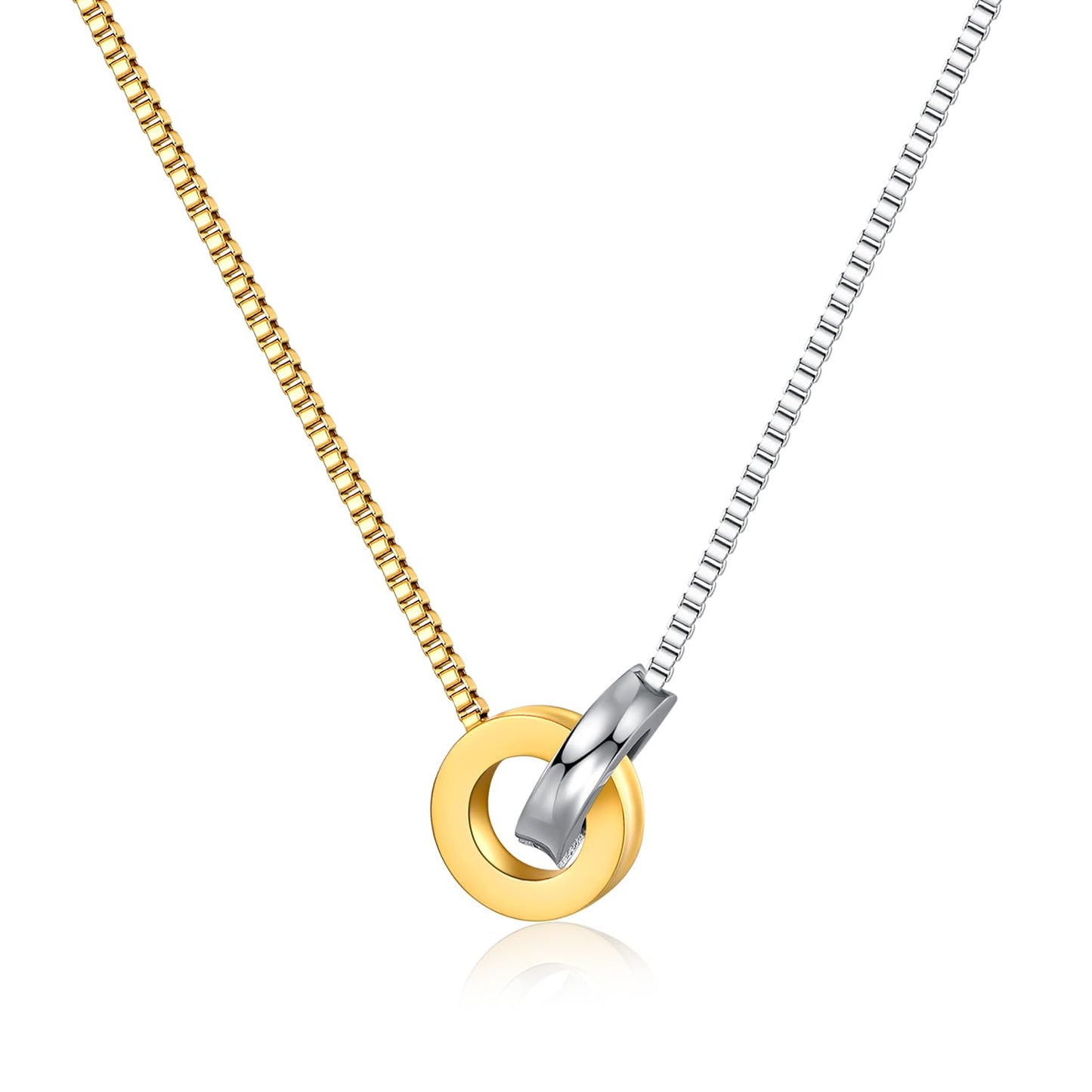 NUZON 2-Tone Interlocking Double Circle Necklaces for Women Infinity Mixed Gold & Silver Ring Pendant Stainless Steel Jewelry Best Friends 16’’