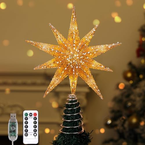 Lewondr Christmas Tree Topper Star, 13inch Xmas Tree Topper with LED Light Beads, Remote & USB Operated 10-Point Star Treetop for Home Christmas Decoration, 6H Timer & 8 Lighting Modes, Gold