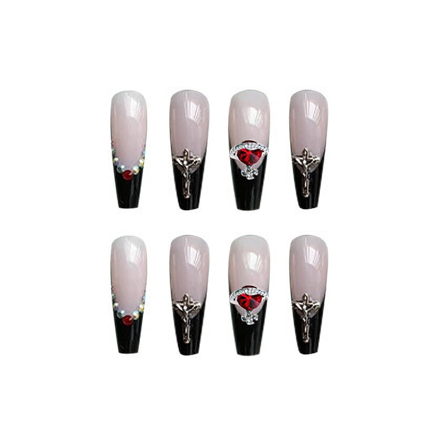 MISUD Press on Nails - Long Coffin Glue on Nails with Goth Black, Acrylic Gothic Cross Design 24 pcs