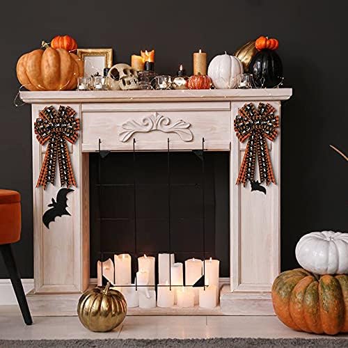 Large Black Red Buffalo Plaid Wreath Bow - Ghost Pumpkin Halloween Decoration for Indoor/Outdoor Wall/Door