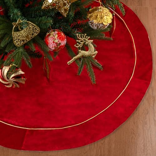 Christmas Velvet Tree Skirt, 48 inches Large Fur Plush Tree Skirts, Xmas Tree Skirt for Holiday Ornaments Party Rustic Vintage Christmas Tree Decorations (Red)