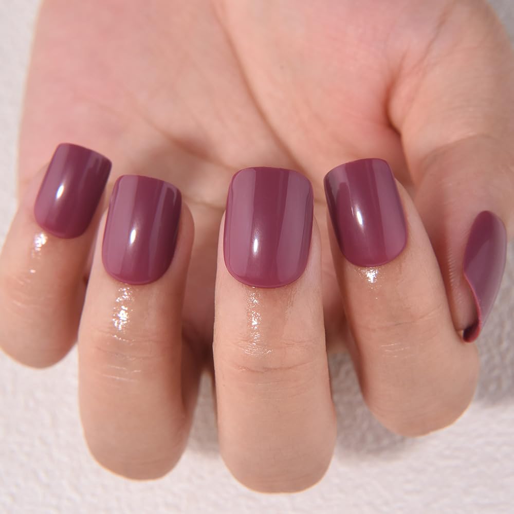 evpct Maroon Glossy Press on Nails Short Square No Glue, Glossy Maroon Fake Nails Summer Reusable, Acrylic False Nail Stick on Press ons for Women Gift, Perfectly Fit Durable False Nail Kit 30Pcs