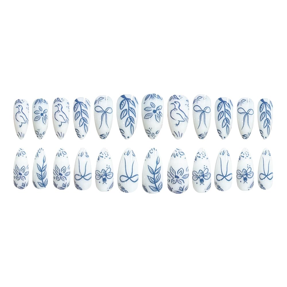 Mkwntg 24Pcs Blue Flower Press on Nails Medium Almond Fake Nails Spring White Blue Plants Acrylic False Nails Cute Bow Nude Full Cover Glue on Nails White Porcelain Glossy Stick on Nails for Women