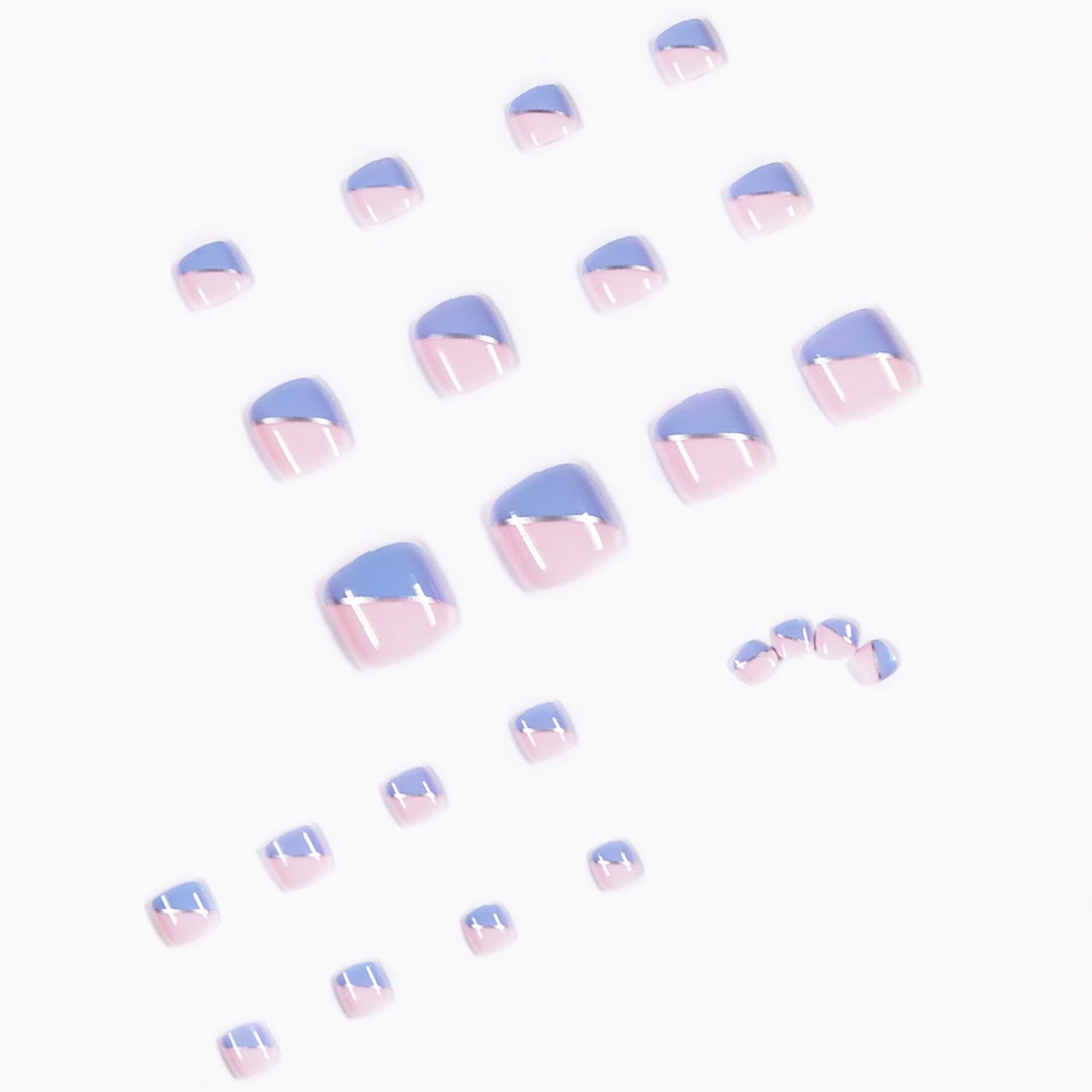 FIEONCIY 24pcs Press-On Square Acrylic False Nails Set with Glue, Blue French & Silver Line Designs, Spring/Summer Style, Full Cover Nails, Multicolor, Women's DIY Manicure Decorations