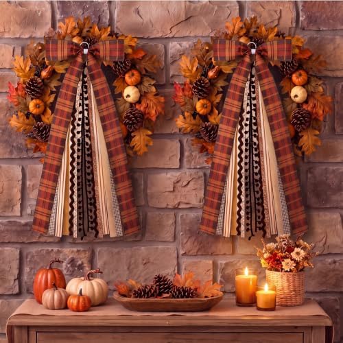 Suncalla 2 Pcs Fall Plaid Country Ribbon Bow for Wreath Front Door