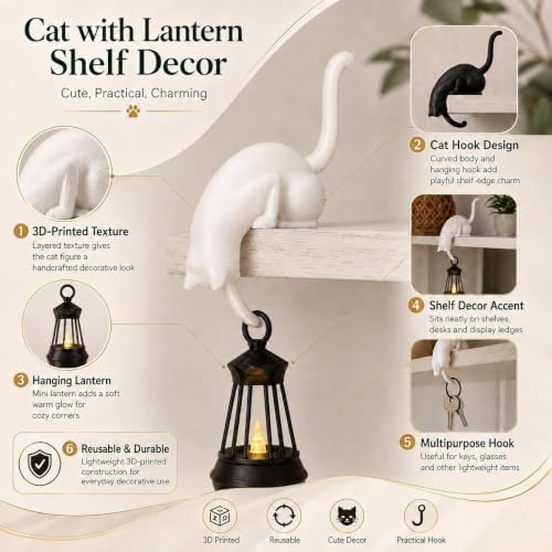 Cat Shelf Hook with Lantern,Resin 3D Print,Book Ledge Decor for Cat Owners