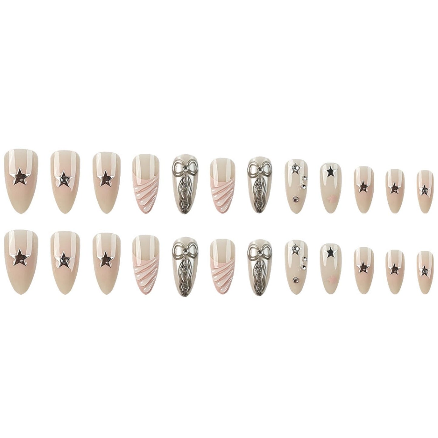 Almond Press On Nails Medium Fake Nails Bow With Star Rhinestone Design French Tip False Nails Full Cover Acrylic Nails Artificial Reusable Glue On Nail Stick On Nail For Women Manicure Art 24pcs