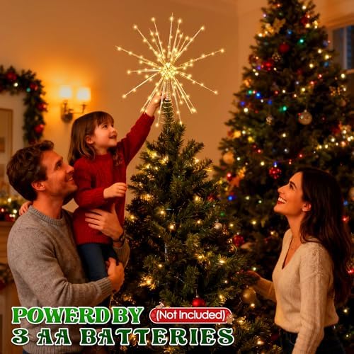 Meonum LED Starburst Christmas Tree Topper with Timer, Golden, 16inch