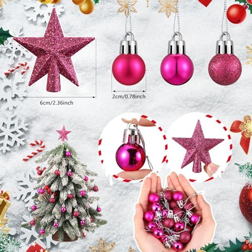 RoundFunny 25 Pcs Mini Christmas Balls Ornaments Set 0.79 Inch Christmas Day Ball Topper Star Tree Hanging Ornaments for Party Decoration(Rose Red)