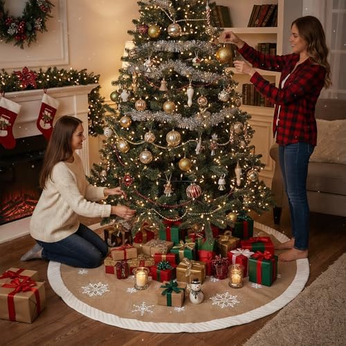 OurWarm Christmas Tree Skirt 60 inches, Burlap Tree Skirt for 7.5 ft Tree to 9 ft Tree, Large Snowflake Tree Skirt with Faux Fur, Xmas Tree Skirts for Winter Indoor Holiday Christmas Tree Decor
