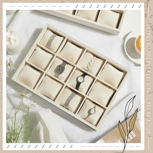 Henoyso 2 Pieces 12 Grid Velvet Watch Tray Jewelry Organizer Stackable Watch Bracelet Bangle Display Holder Adjustable Pillow(Beige) - color: Beige, size: 12 Grid