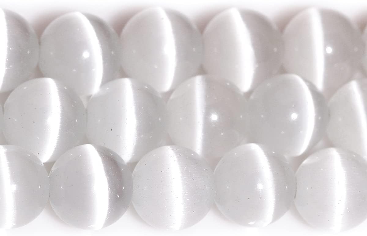 HAAMIIQII 45pcs 8mm White Cat Eye Beads Round Loose Gemstone Beads for Jewelry Making Strand 15 Inch